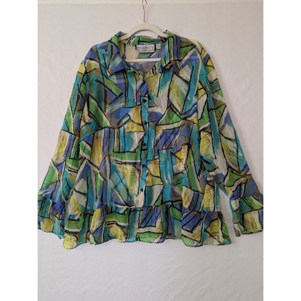 Simonton Says Womens XL Abstract Artsy Peplum Sheer Button Up Shirt Green Yellow